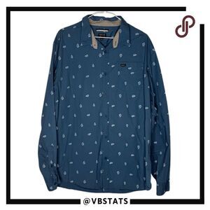 RVCA Men's Slim Leaves Print Long Sleeve Button Down Shirt Navy Blue Size 2XL